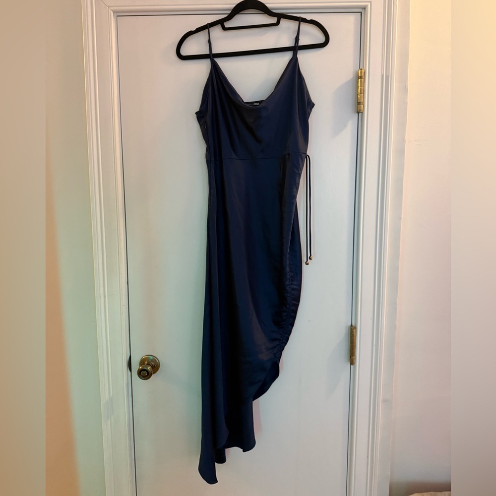 Navy Asymmetric Slip Dress with Leg Slit